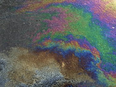 Asfalt Yolu 'ndaki benzin lekelerinin rengi. Zemin kirliliği konsepti