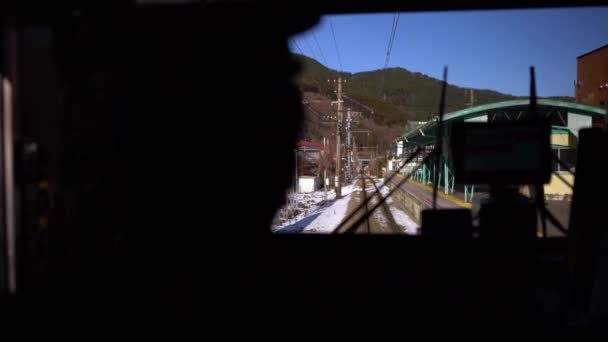 Train Travels Snow Railroad Countryside Japanese Trains Continued Operate Even — Stock Video