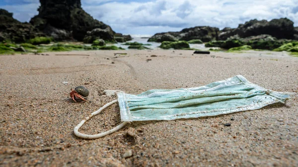 stock image A hermit crab near medical waste, masks garbage trash on sea water. Coronavirus covid-19 pollution disease the environment. Used surgical mask thrown on the seashore of a beach.