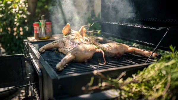 바비큐 그릴에 돼지고기에요 휴가철에 Bbq 고기를 통째로 요리하였다 스페인에서 교활하게 — 스톡 사진