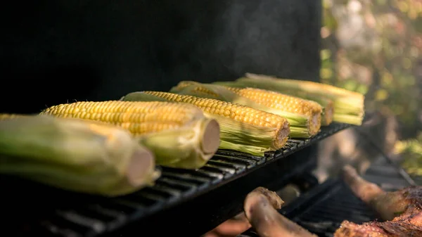 厨师用烤好的玉米棒烤烤肉 很好吃的玉米在后院烧烤 在房子的花园里用烧烤烧烤烹调的食物 — 图库照片