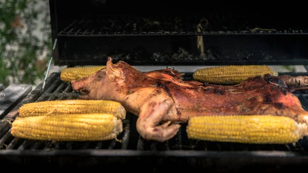 옥수수가 바베큐그릴 맛있는 돼지고기 휴가철에 Bbq 고기를 통째로 요리하였다 스페인에서 — 스톡 사진