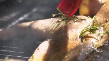 Şef ızgaraya domuz eti sosu koydu. Tatil tatillerinde bütün domuz eti ızgara ızgara Bahçe Evi 'nde. İspanya 'da domuz eti pişiren bir adam.
