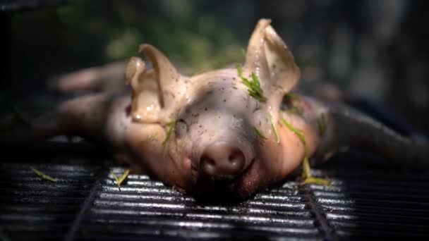 Smaczna Wieprzowina Grillu Zbliżenie Całej Świni Gotowane Grillowane Mięso Grillu — Wideo stockowe