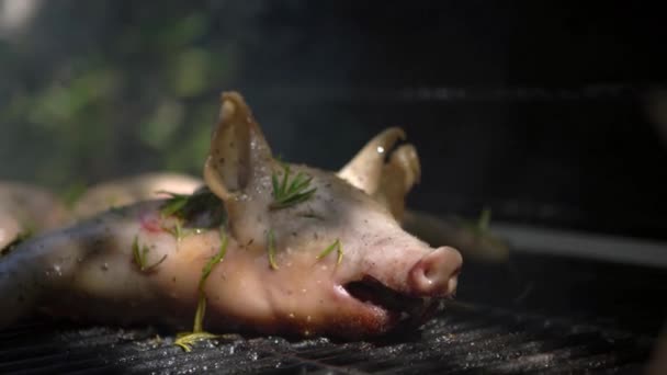 Lekker Varkensvlees Een Barbecue Grill Close Van Hele Varken Gekookt — Stockvideo