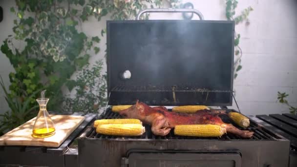 Porcelet Rôti Croustillant Qui Sont Grillés Sur Barbecue Avec Maïs — Video