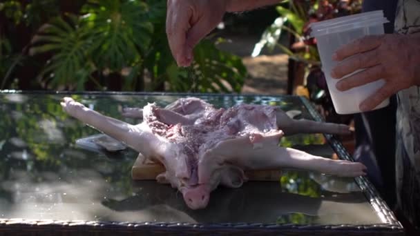 Movimento Lento Chef Colocar Sal Para Carne Porco Para Churrasqueira — Vídeo de Stock