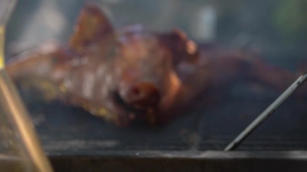 Slow Motion Crispy Roasted Piglet Which Being Grilled Barbecue Close — Stock Video