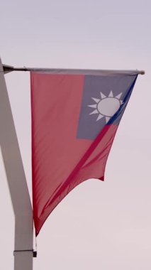 Vertical Slow motion of Taiwan flags displayed along a busy city street, capturing national pride amidst urban life.