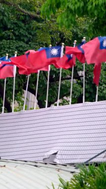 Vertical Slow motion of Taiwan flags waving with tree branches and leaves around, showcasing patriotism in a peaceful, natural setting.