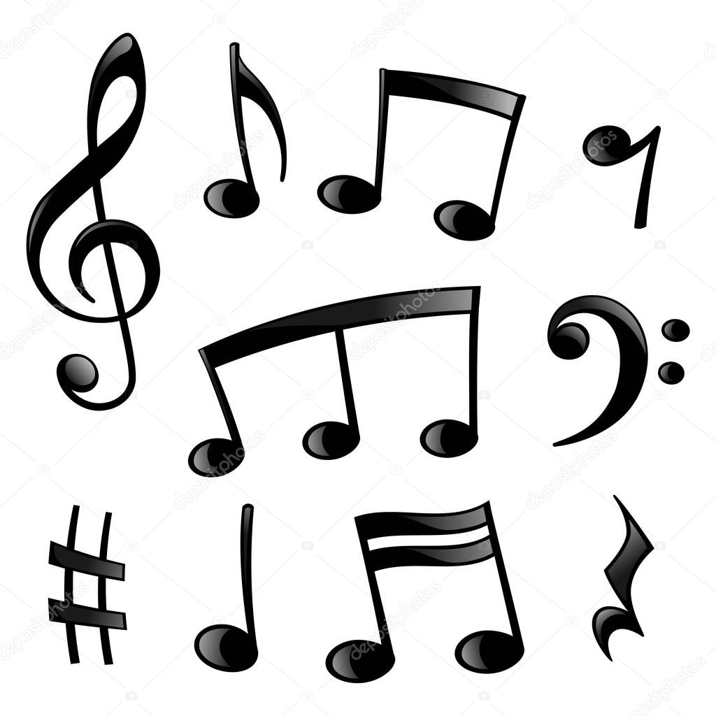 Set of musical signs in black, cartoon style