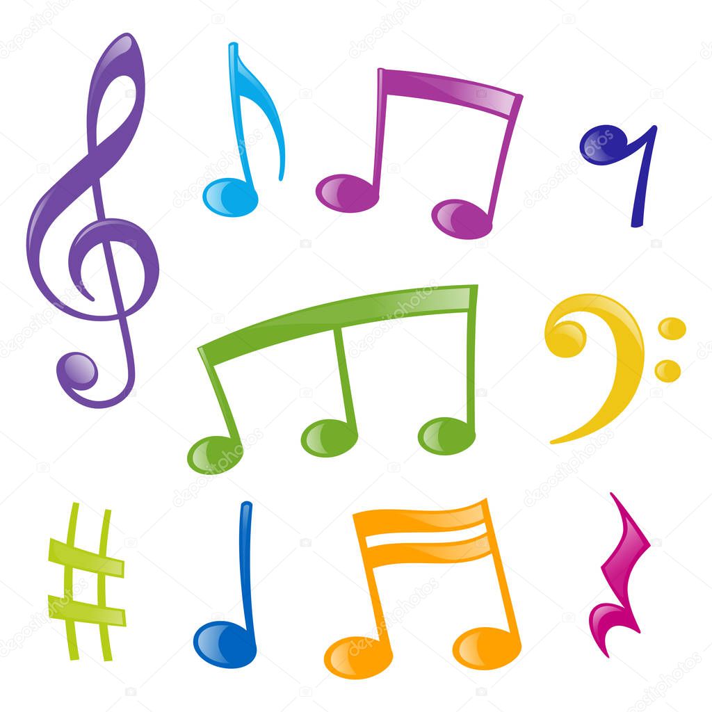 Conjunto de signos musicales de diferentes colores, estilo de dibujos