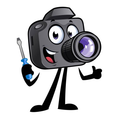 Mutlu karikatür fotoğraf makinesi maskot elinde bir tornavida.