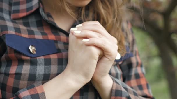 Young Woman Moves Lips Saying Words Prayer God Girl Sincere — Stock Video