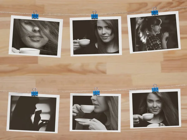 Foto's hangen op een linnen draad op briefpapier clips op een wazig houten achtergrond, het thema van koffie drinken, meisje adverteert drank, Home en voedsel cafetaria ontwerp — Stockfoto