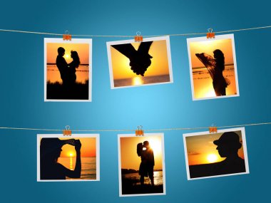 mavi bir arka plan üzerinde kırtasiye klipleri üzerinde keten iplik asılı hoş anılar fotoğrafları, aşk teması, seyahat, yaz, rahatlama, rahatlama, ev dekorasyonu