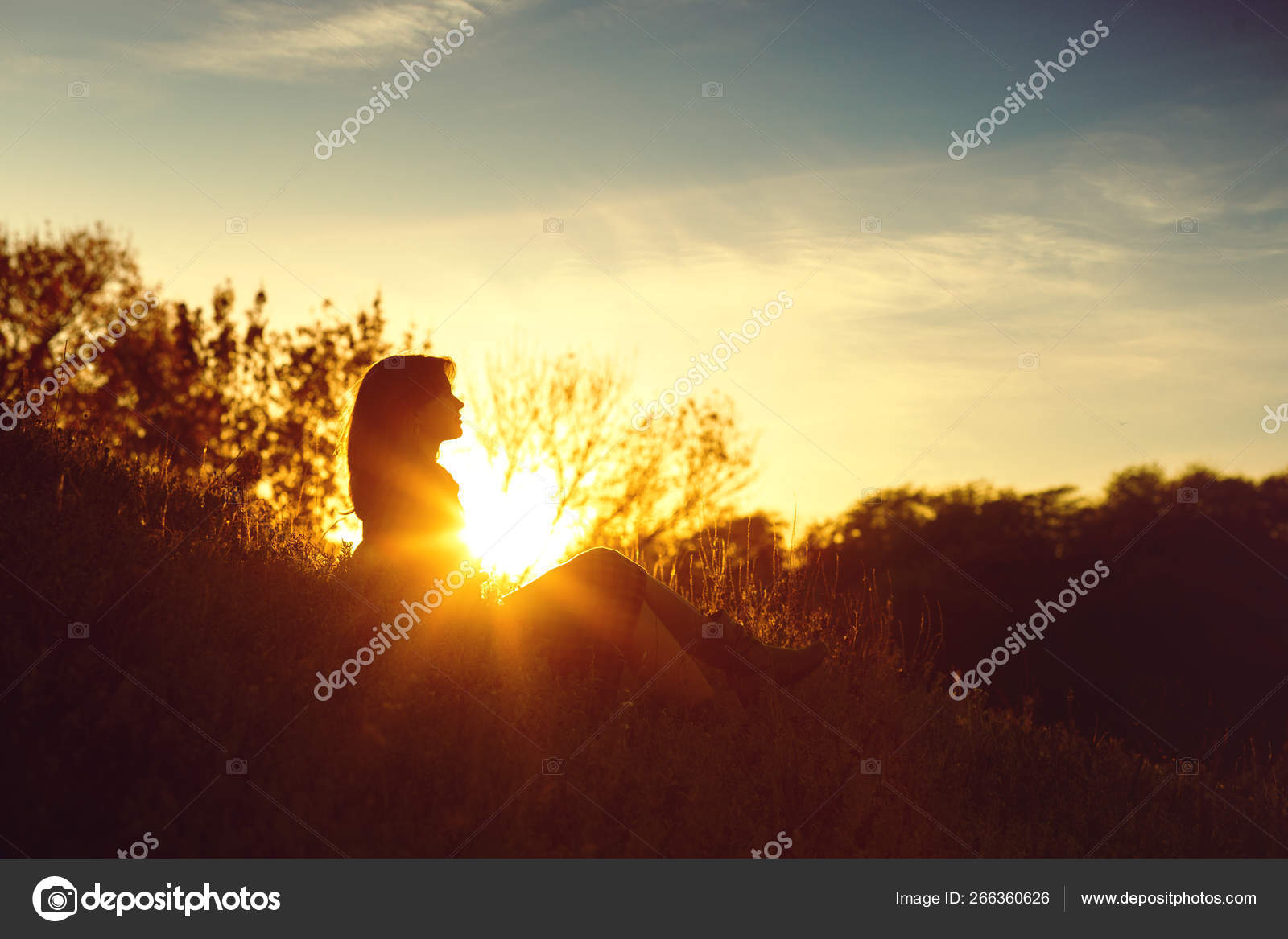 silhouette of a beautiful girl at sunset in a field, face profile of young  woman on nature Stock Photo
