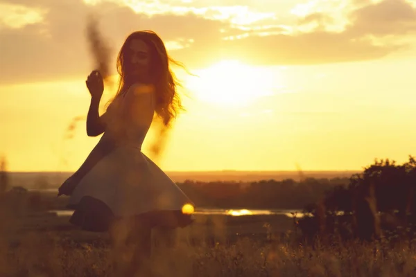 Silhouette di una ragazza sognante in un campo al tramonto, una giovane donna che si gode la natura — Foto Stock