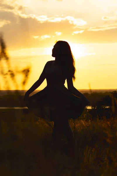 Silhueta de uma menina bonita em um vestido ao pôr do sol em um campo, figura de mulher jovem apreciando a natureza, conceito de lazer — Fotografia de Stock