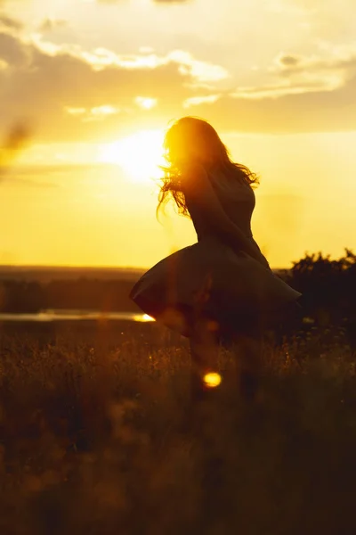Силуэт красивой мечтательной девушки в платье на закате в поле, молодая женщина с волосами наслаждается природой , — стоковое фото