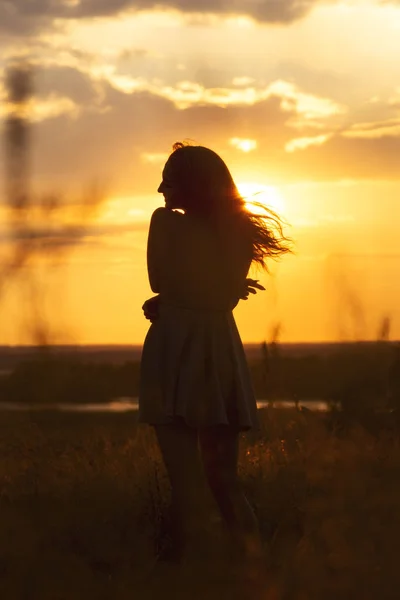 Silhouette eines schönen Mädchens in einem Kleid bei Sonnenuntergang auf einem Feld, Figur einer jungen Frau, die die Natur genießt, Konzept der Freizeit — Stockfoto