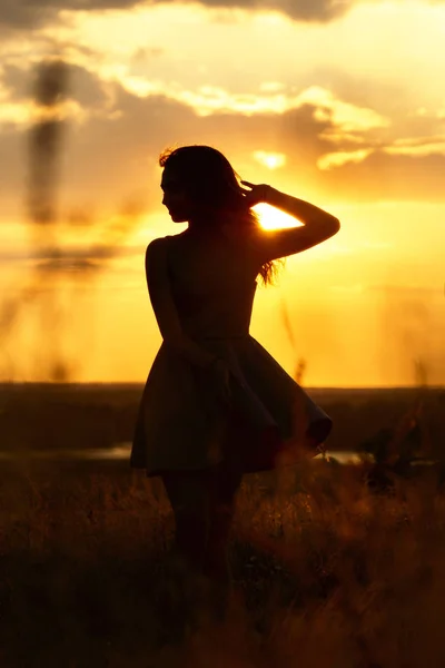 Silhouette eines schönen verträumten Mädchens in einem Kleid bei Sonnenuntergang auf einem Feld, eine junge Frau mit ihren Haaren genießt die Natur, — Stockfoto