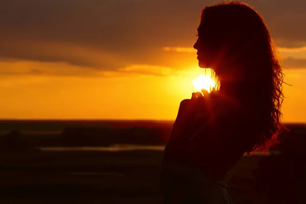 Silhouette d'une belle fille au coucher du soleil dans un champ, profil visage de jeune femme sur la nature — Photo