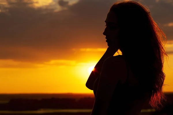 日没時の美しいロマンチックな女の子のシルエット、暑い天候で長い髪を持つ若い女性の顔のプロフィール — ストック写真