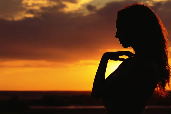 Silueta de una hermosa chica al atardecer en un campo, el perfil de la cara de la mujer joven en la naturaleza — Foto de Stock