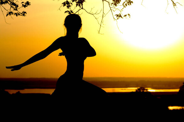 Silhouette of a young woman engaged in fitness in nature at sunset, a sports female profile doing muscle stretching outdoors, the concept of sport and health