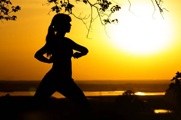 Silueta de una mujer haciendo ejercicios físicos en la naturaleza al atardecer, deportes femeninos en el campo, concepto de deportes y recreación —  Fotos de Stock