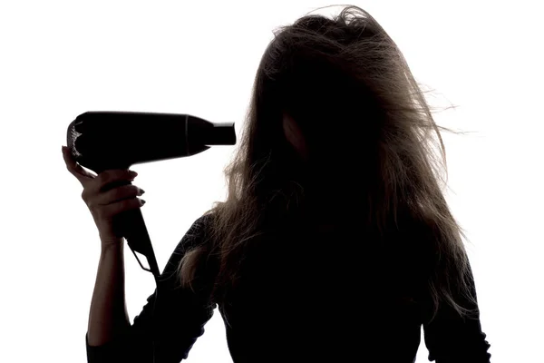 Silhouette of a woman with tangled, damaged hair with a fen , a concept of beauty and health care — Stock Photo, Image