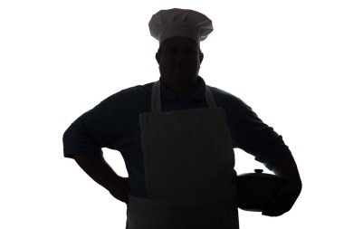 beyaz izole arka plan, konsept meslek kolunun altında kazan ile tombul şef silueti