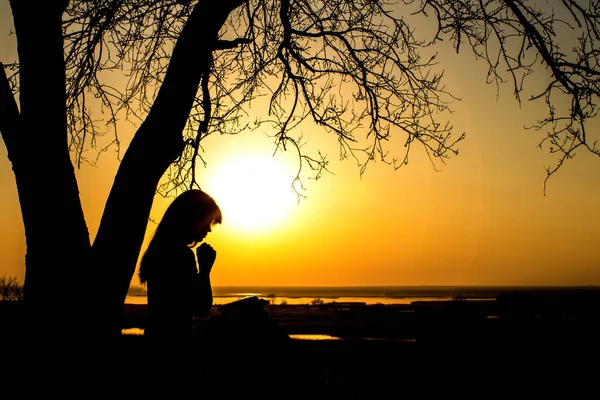 Silhueta de mulher orando a Deus na natureza witth a Bíblia ao pôr do sol, o conceito de religião e espiritualidade — Fotografia de Stock