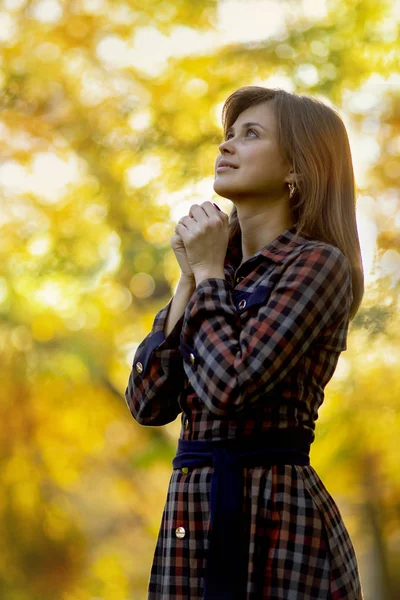 Doğada dua eden genç bir kadın. Elleri çenesinde, din kavramı olan Tanrı 'ya şükrediyor. — Stok fotoğraf