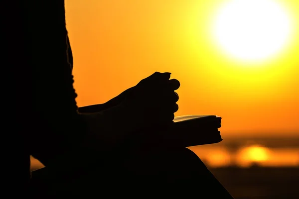 Silhouette der Hände einer betenden Frau in der Natur mit der Bibel bei Sonnenuntergang, dem Konzept von Religion und Spiritualität — Stockfoto
