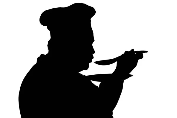 Beyaz izole arka plan üzerinde bir baş-ocak tatma çanak silueti, bir aşçı şapka bir erkek yüz profili — Stok fotoğraf