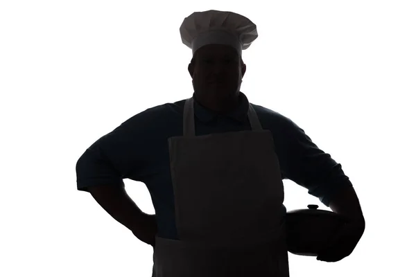 Sylwetka pulchny szef kuchni z kociołka pod ręką na białym białym tle, zawód koncepcyjny — Zdjęcie stockowe