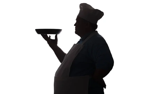 Beyaz izole arka plan üzerinde bir baş-ocak profili silueti, adam hizmet etmek için çanak taşıyan — Stok fotoğraf