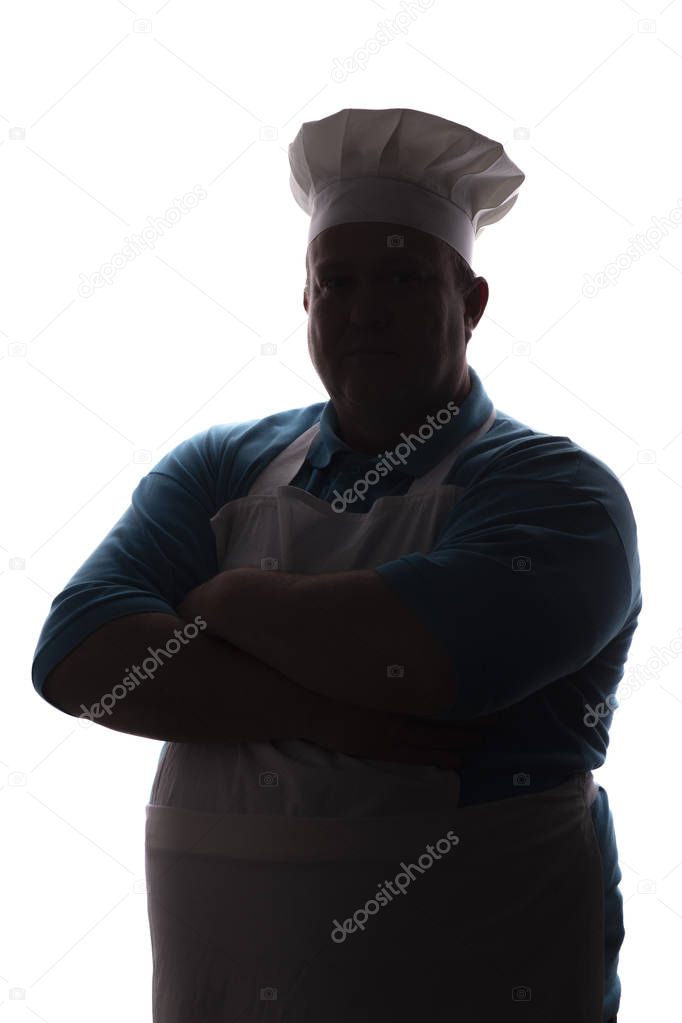 silhouette of a pot-bellied chef in a hat, male cooker folded his arms over his chest on a white isolated background