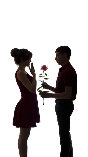 Silueta de una joven pareja enamorada sobre fondo blanco aislado, el hombre le da a una mujer una flor de rosa, concepto de amor — Foto de Stock