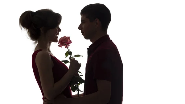 Silhouette of a young couple in love on white isolated background, man gives a woman a rose flower, concept love — Stock Photo, Image