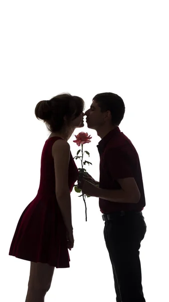 Silueta mladého páru zamilovaně na bílém pozadí na nose, muž držící růžovou květinu a závodící ženu, koncept milostné pocity — Stock fotografie