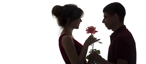 Perfil silueta de una joven pareja enamorada sobre fondo blanco aislado, hombre dando a una mujer una flor de rosa, chica está encantada con el cuidado de un chico, romance concepto — Foto de Stock