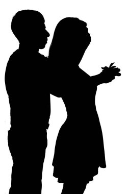 adam onun sevgili kadın için beklenmedik bir sürpriz yapma, erkek arkasında yürüdü ve eliyle kızın gözlerini kapalı beyaz izole arka plan üzerinde gül ve hediye kutusu vermek, flört kavramı, romantizm ve l