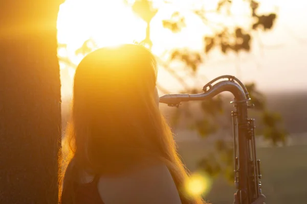 木の近くに立ち、日没時に管楽器を演奏する赤毛の少女のシルエット、自然の中でサックスを持つ若い女性、趣味の概念、リラクゼーション — ストック写真