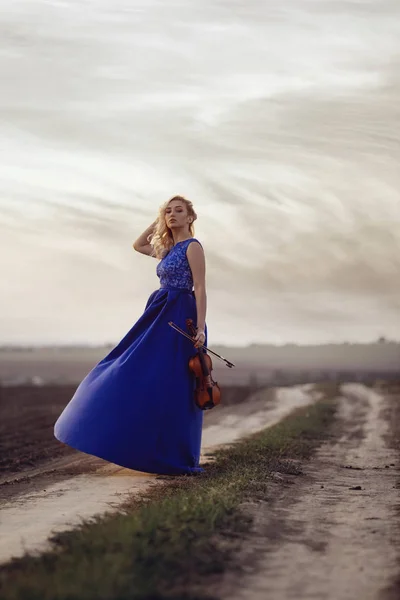 在日落时穿着长裙、身披小提琴的年轻女子形象，从事音乐艺术、自然表演、音乐中的概念激情 — 图库照片
