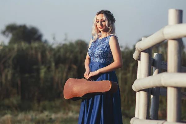 Retrato de una hermosa niña en un vestido largo con un violín cerca de una valla pintada de madera, una mujer joven camina con un instrumento musical al aire libre — Foto de Stock