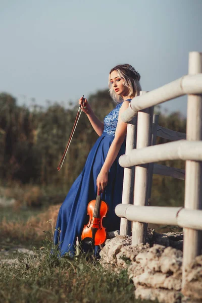 Портрет красивой девушки в длинном платье со скрипкой рядом с деревянным покрашенным забором, молодая женщина гуляет с музыкальным инструментом на открытом воздухе — стоковое фото