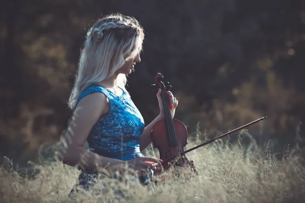 Retrato de una joven fabulosamente hermosa chica en un vestido con un violín sentado en hierba seca en meadoe al amanecer, mujer tocando un instrumento musical con inspiración relajante en la naturaleza — Foto de Stock